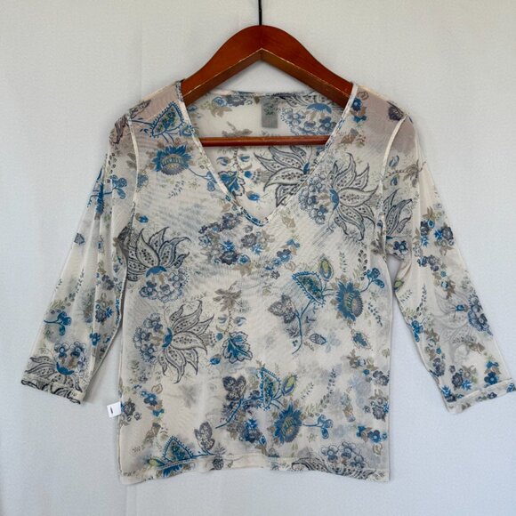 90s Vintage The Limited Sheer Ivory Blue Floral Print 3/4 Sleeve V Neck Top - Picture 7 of 12